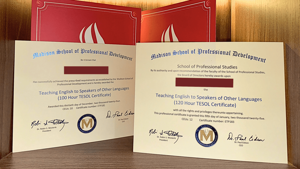 Chứng chỉ TESOL 100h và 120h được cấp bởi Madison _ Chương trình đào tạo tại ETP TESOL